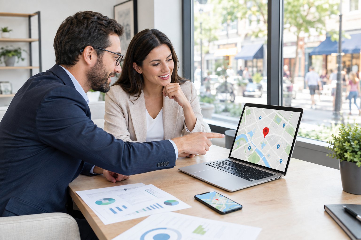 A business owner and marketing consultant review a map on a laptop.